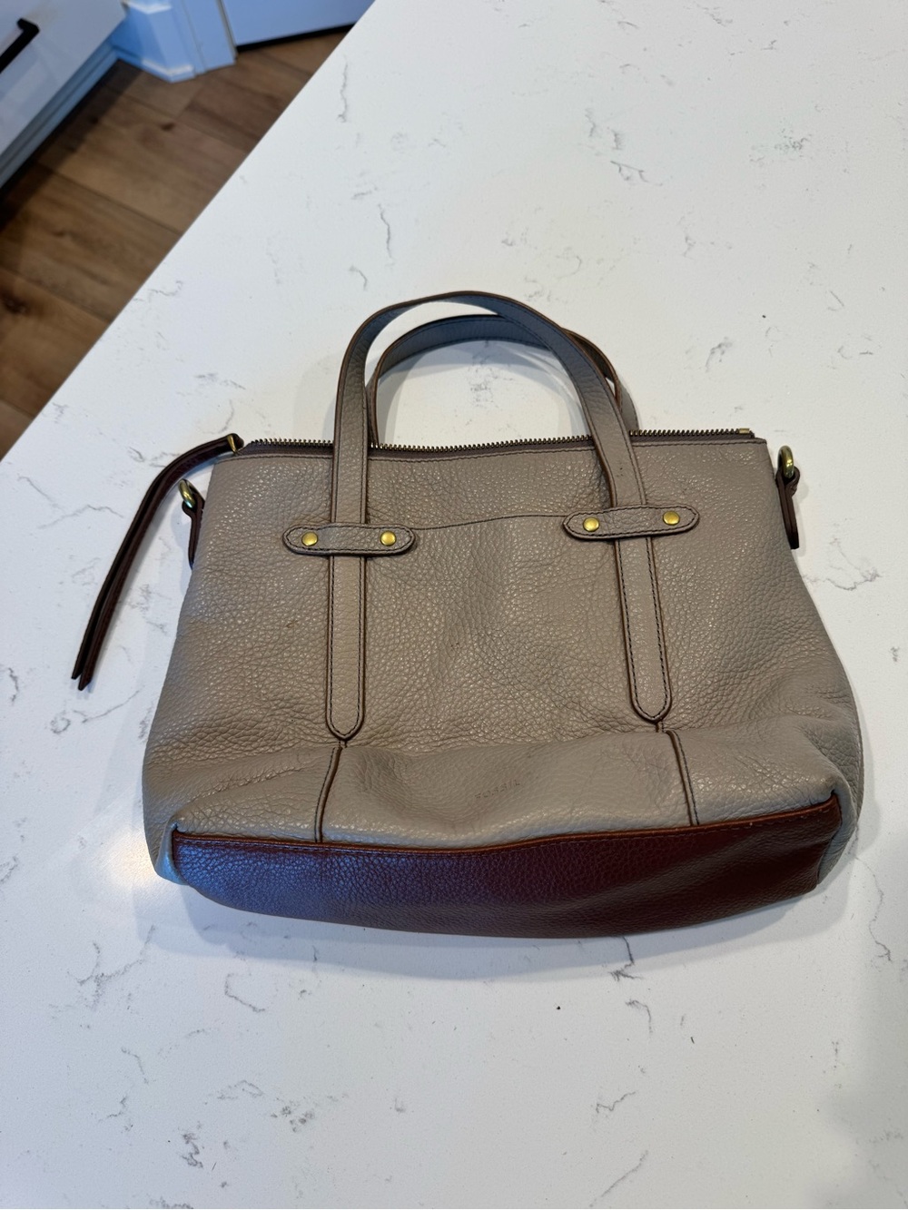 Fossil Gray Leather Bag Purse Gray Beige & Brown - no crossbody strap